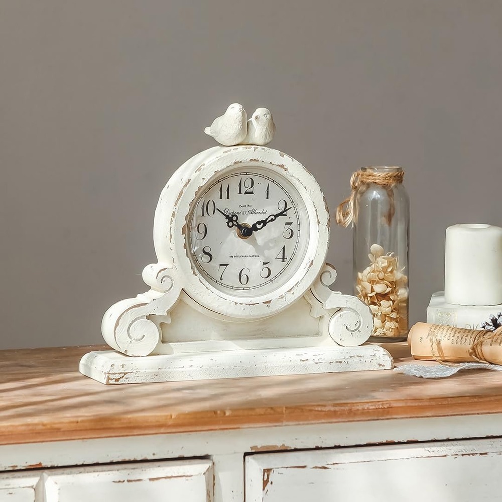 NIKKY HOME Vintage Distressed White Bird Mantel Clock Shabby Chic Farmhouse